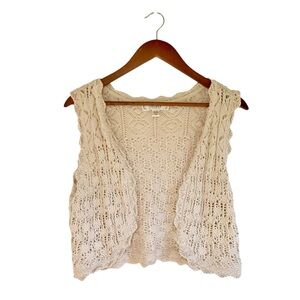 DECREE Beige Cream Crochet Open Front Vest XL Cropped Boho Festival Beach Summer
